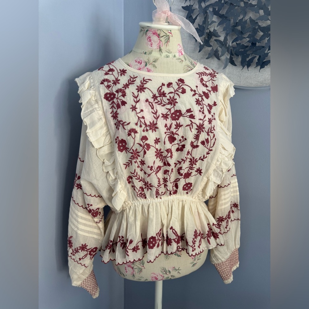 Calypso St. Barth Cream and Burgundy Floral Blouse